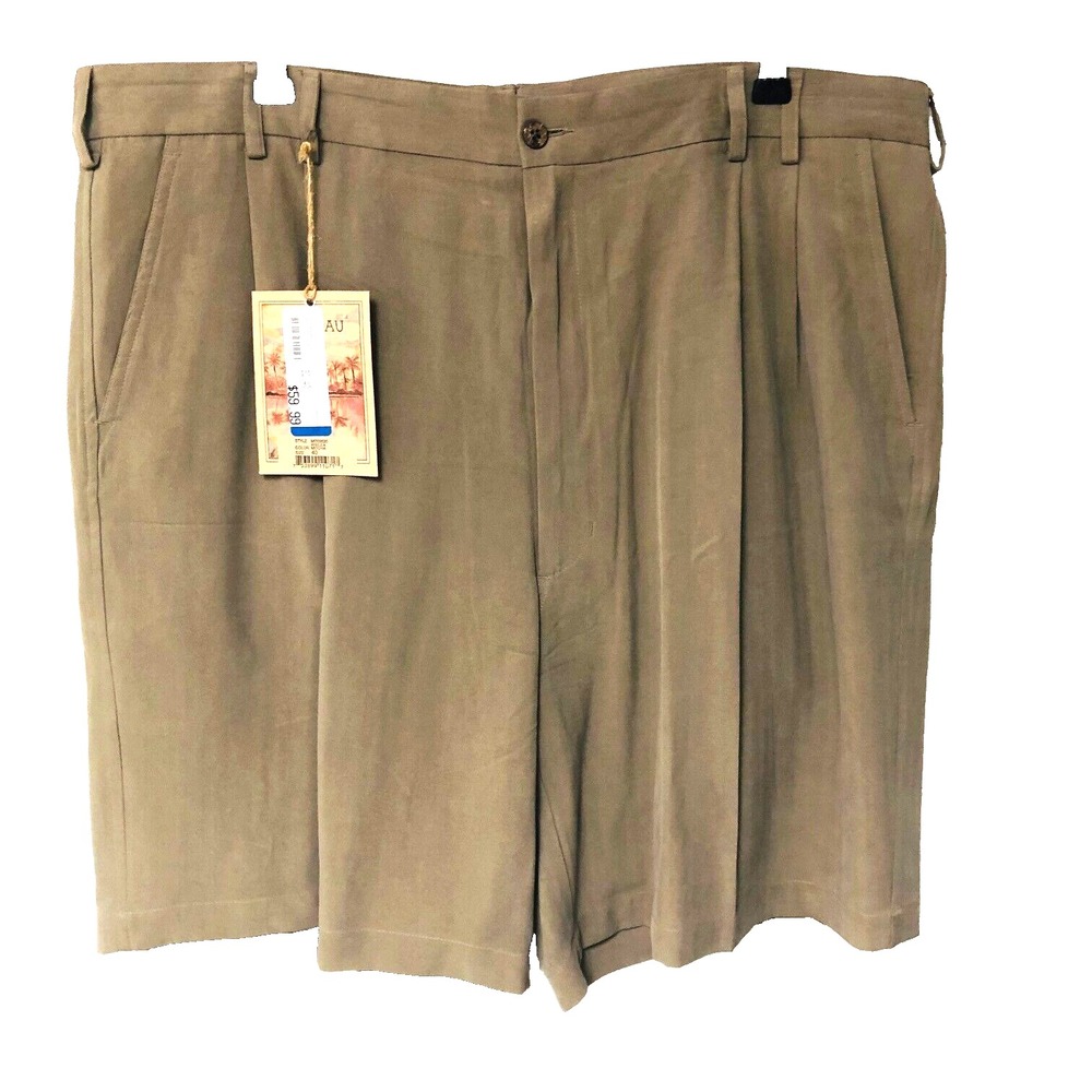 NWT Luau Mens Tan Silk Shorts 40 x 9 Pleats Island Wear Resort Beachy Preppy‎